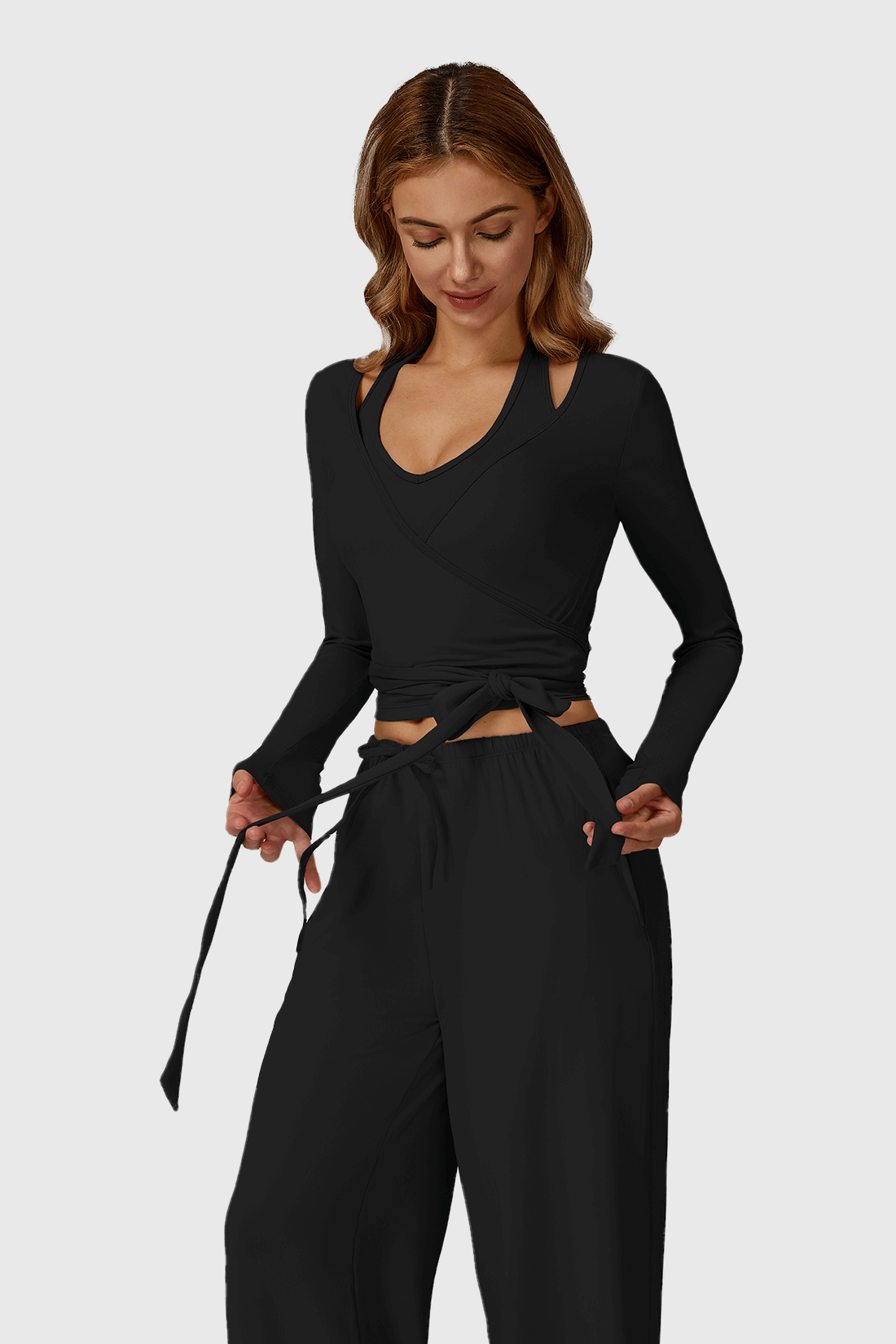 Long Sleeve One-Piece Tie Yoga Top